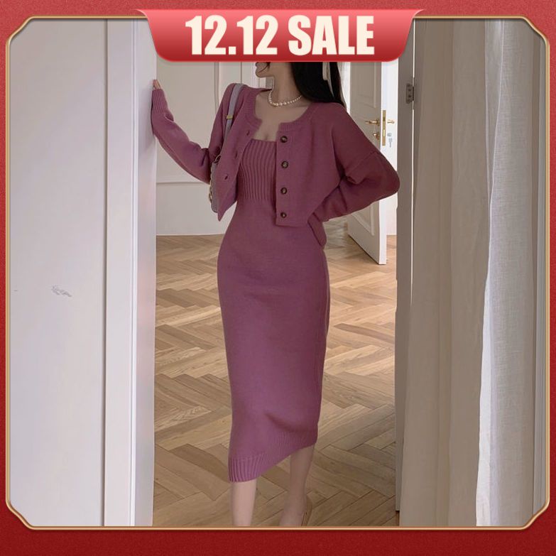 Set đầm hai dây + áo khoác cardigan dệt kim tay dài thời trang mùa thu phong cách Hàn Quốc cho nữ 2021