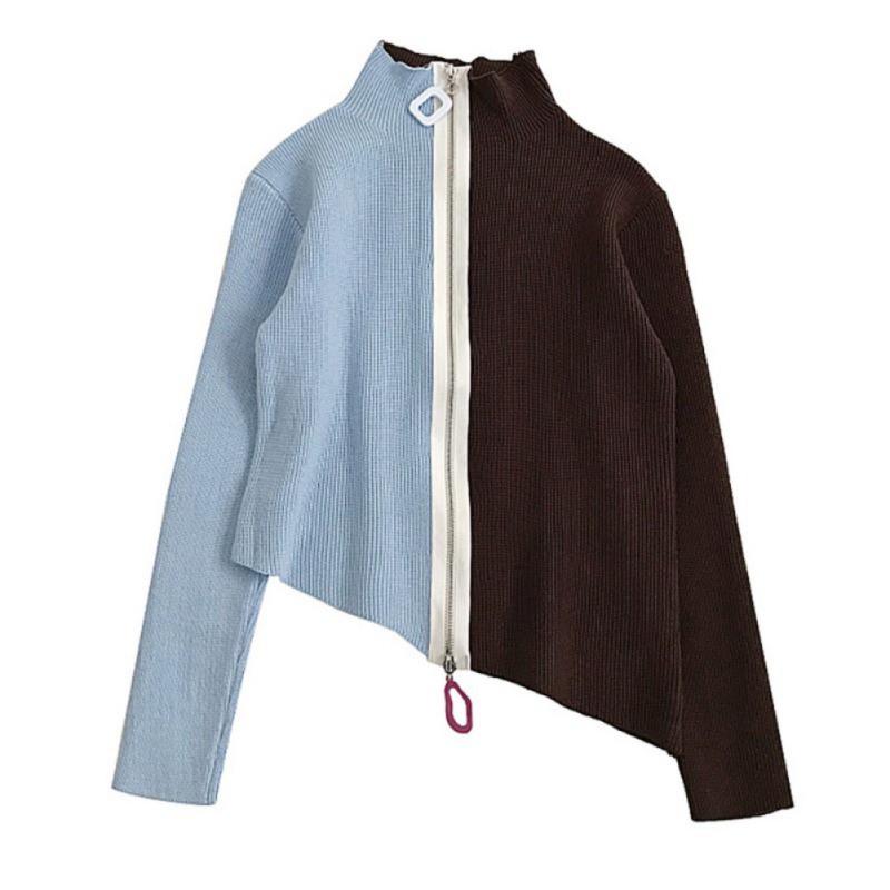 Áo sweater dài tay phối màu có khóa kéo thời trang mùa thu dành cho nữ