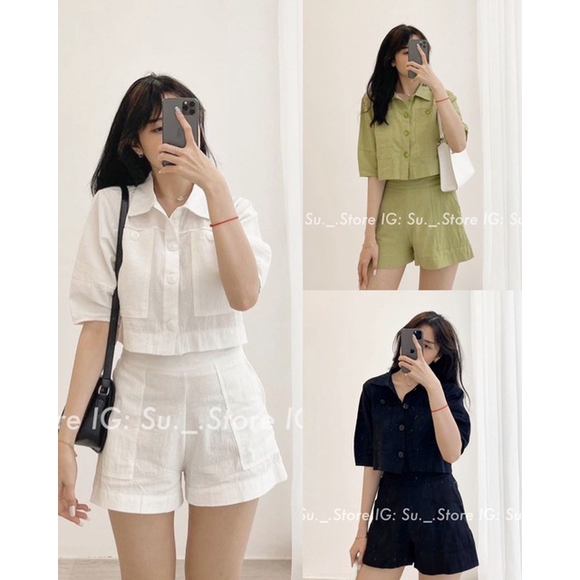 Set 2 món bộ đũi nữ áo croptop aow mi kèm quần short đùi chun dễ thương basic năng động style hàn quốc