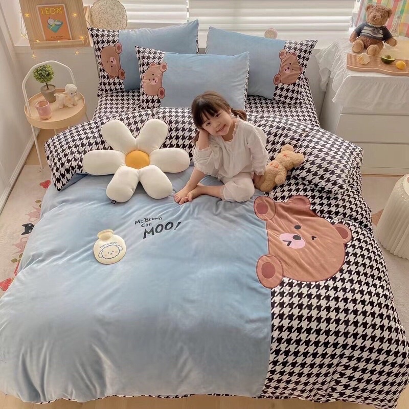 BỘ CHĂN GA GỐI NỈ SỮA GẤU TEDDY PHỐI KẺ DỄ THƯƠNG (đủ size)