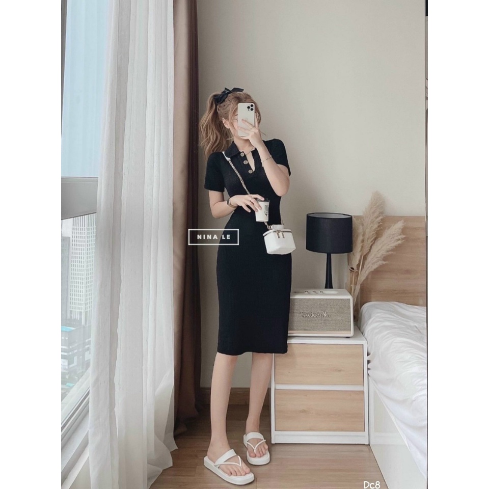 Đầm midi dáng dài đi dự tiệc với chất vải thun gân ôm body tôn dáng, thiết kế cổ sơ mi ngắn tay phong cách cá tính