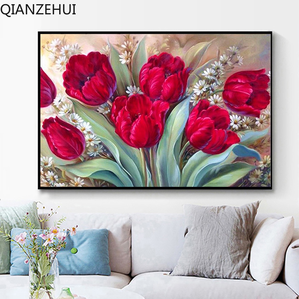 Bộ Tranh Đính Đá 5D Hạt Tròn Tự Làm Hình Hoa Tulip Trang Trí Nhà Cửa