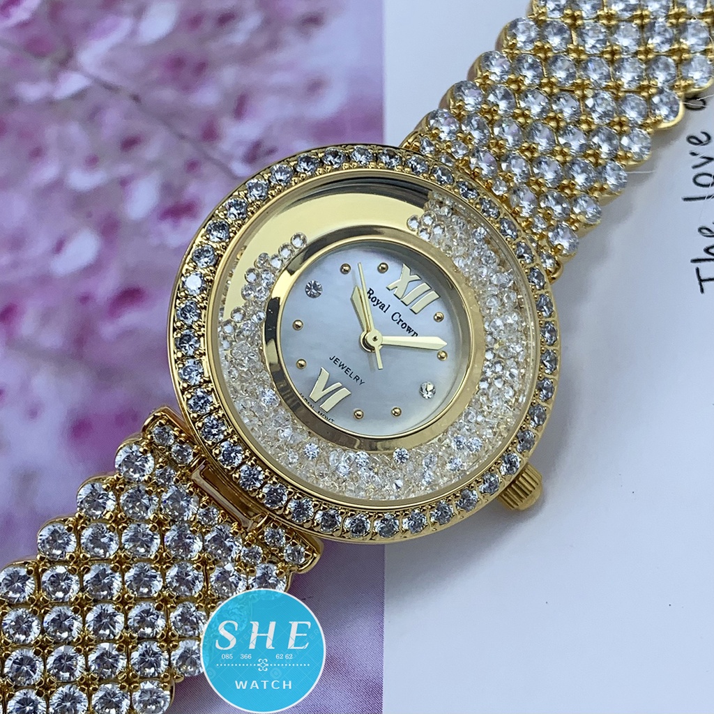 [BẢO HÀNH 24 THÁNG-FULL BOX] Đồng hồ nữ ROYAL CROWN Đồng hồ pin viền vàng dây lớn đính FULL đá size 32mm SANG TRỌNG QUÝ | BigBuy360 - bigbuy360.vn