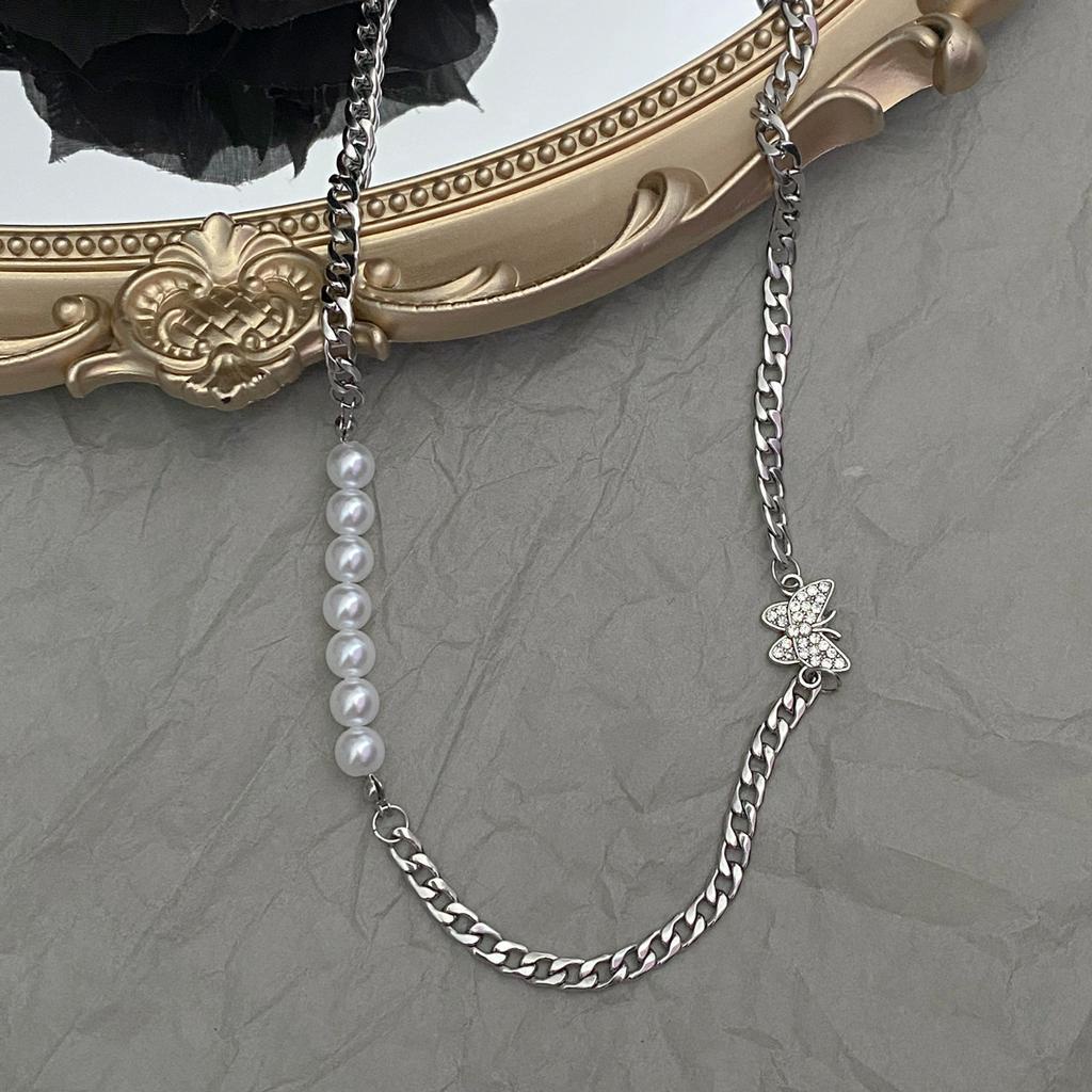 Dây chuyền gắn mặt bướm bằng titan phong cách hip hop trang trí ngọc trai tinh tế độc đáo