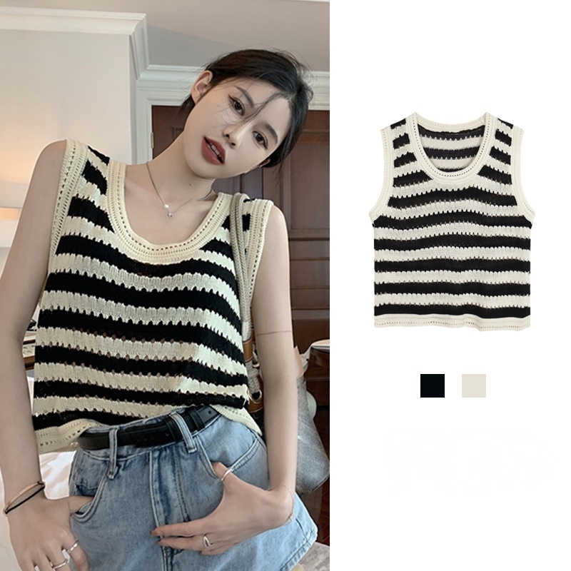 Áo Tank Top Dệt Kim Dáng Rộng Họa Tiết Sọc Caro Thời Trang Cho Nữ