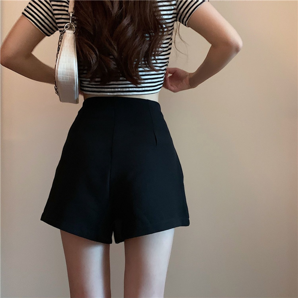 [LININ] Quần Short Ống Rộng Lưng Cao Màu Đen Thời Trang Xuân Hè Cho Nữ