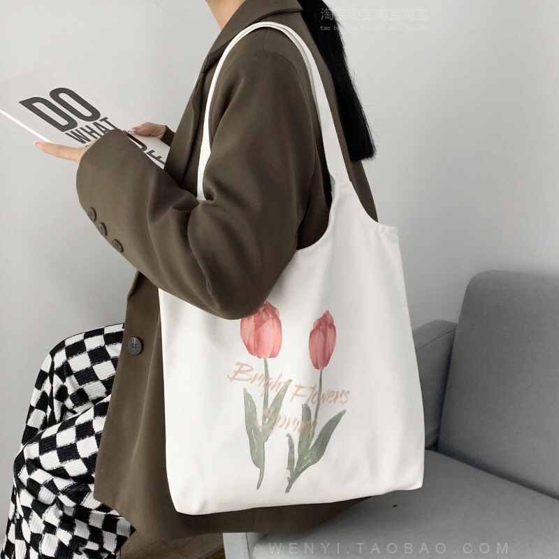 Túi Tote 2 Cành Hoa Tulip Xinh Xắn Có Khóa Kéo + Túi Phụ Style Ulzzang Hàn Quốc  MTT0113
