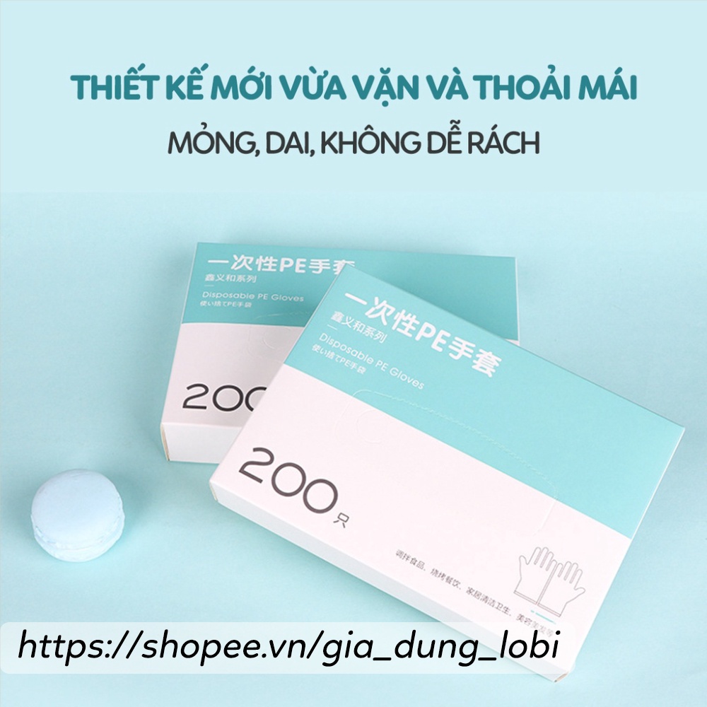 Găng tay PE siêu dai làm bếp nấu ăn vệ sinh hộp 200 cái găng tay cao su rửa bát dùng một lần