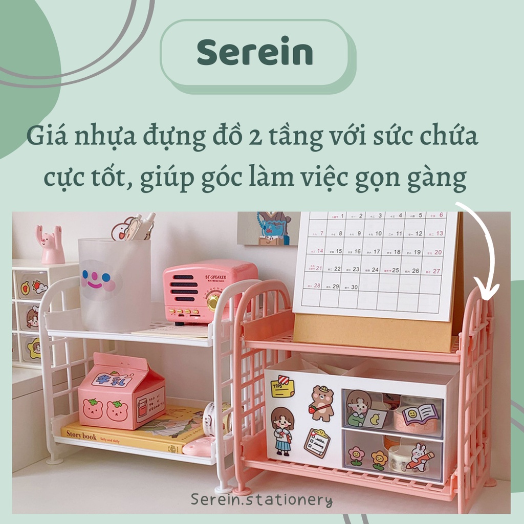 Kệ nhựa mini 2 tầng giá để đồ mini tiện lợi SEREIN văn phòng phẩm Hàn Quốc