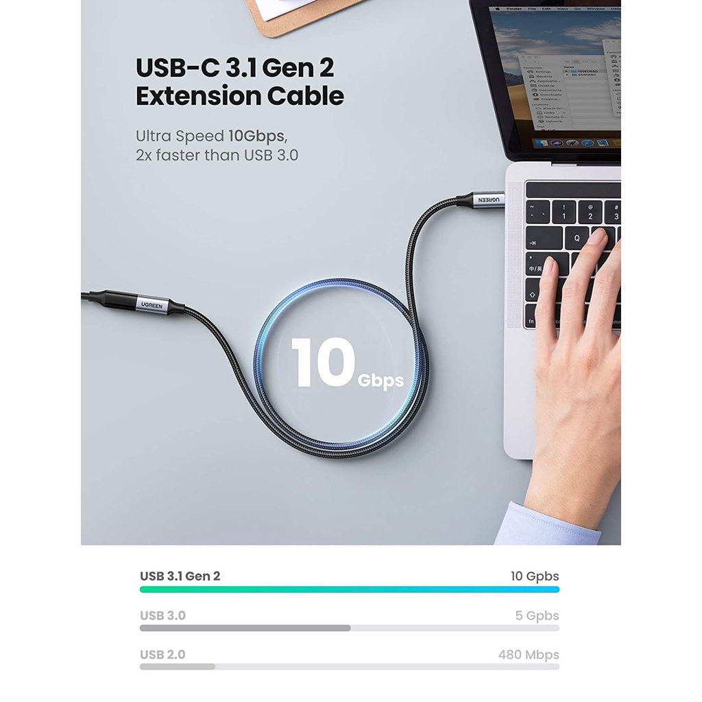 Dây cáp nối dài USB type C dài 0.5m vỏ bện nylon UGREEN US372