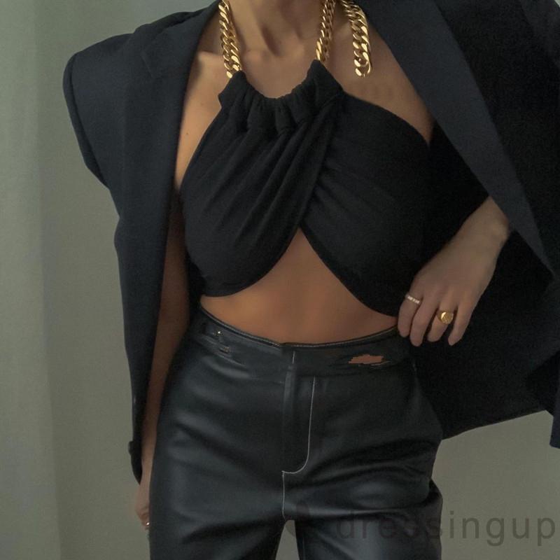  Áo croptop sát nách phối dây xích kim loại hở lưng thời trang hè quyến rũ cho nữ | BigBuy360 - bigbuy360.vn