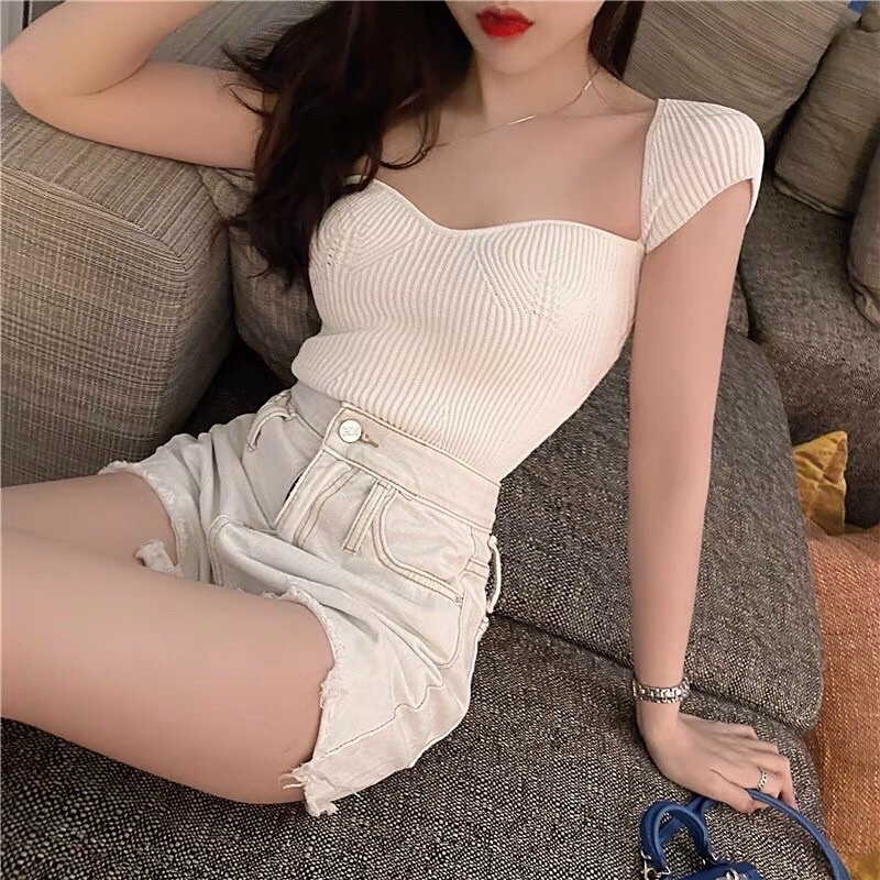 Áo len dệt kim nữ cộc tay cúp ngực hàng QC