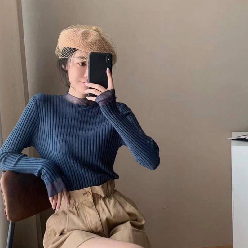 Áo sweater cổ lọ tay loe phối lưới thời trang thu đông sành điệu cho nữ