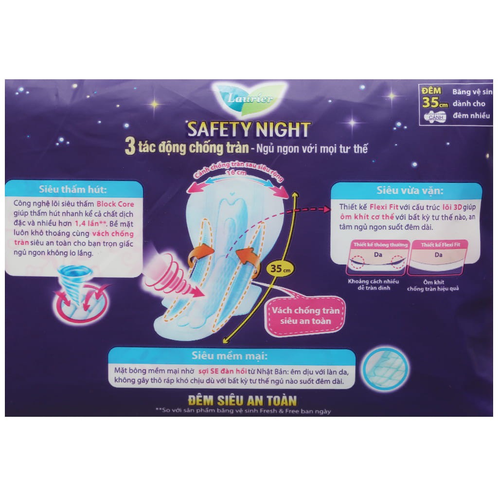 Băng vệ sinh ban đêm Laurier Safety Night siêu an toàn 35cm, siêu thấm hút, chống tràn, ngủ ngon mọi tư thế