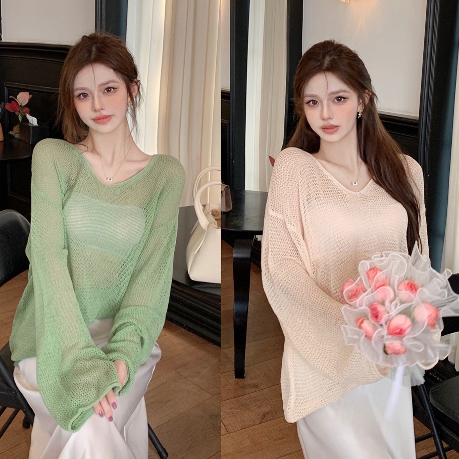QKOOLE Áo dệt kim  tay dài cổ tròn dáng rộng thời trang Hàn Quốc cho nữ