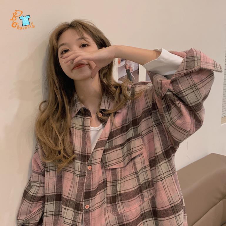 Áo Sơ Mi Tay Dài Form Rộng Họa Tiết Sọc Caro Phong Cách Ulzzang ྇