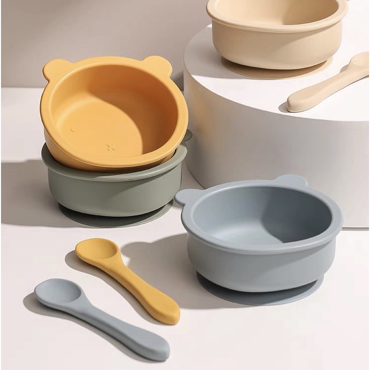 Khay và bát ăn dặm silicone hình gấu có đế trống trượt