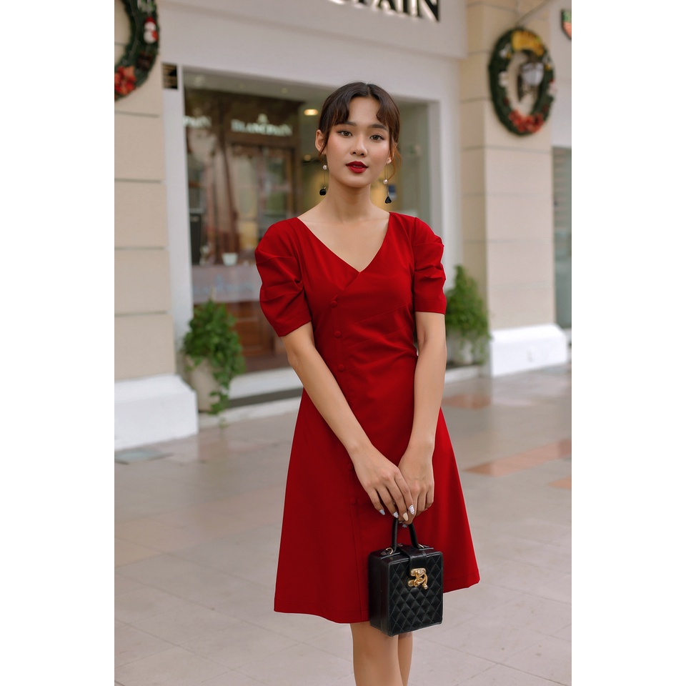 Đầm cổ tim nút bọc kiểu đơn giản VANIA-D19098 2 màu nữ tính