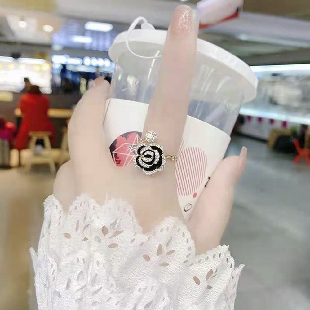 Nhẫn Hở Hình Hoa Trà Đen Tráng Men Đính Đá Phong Cách Retro Thanh Lịch Cho Nữ