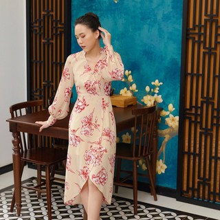 Đầm Hoa Nâu Đỏ Cổ V EDINI - D1341