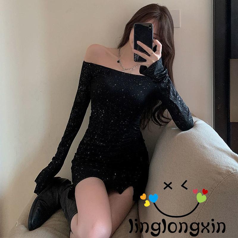 Linglongxi2-đầm Quấn Tay Dài Hở Vai Màu Đen Đính Đá Trang Trí Dành Cho Nữ Size S / M / L / XL / XXL