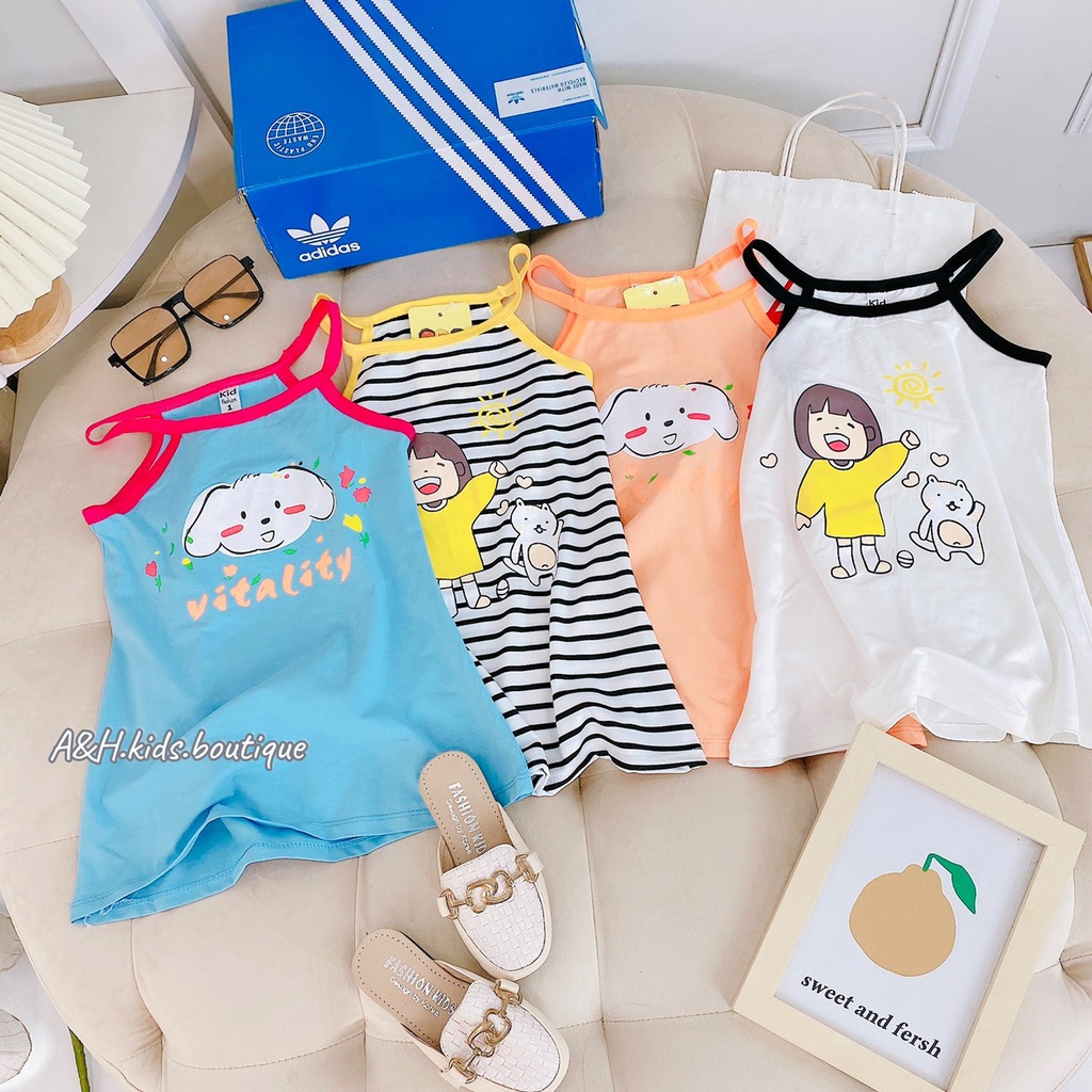 Váy bé gái thun cotton 8-22kg hai dây in hình xinh xắn, đầm cho bé mặc hè trẻ em size đại 1 2 3 4 5 6 tuổi Đ011