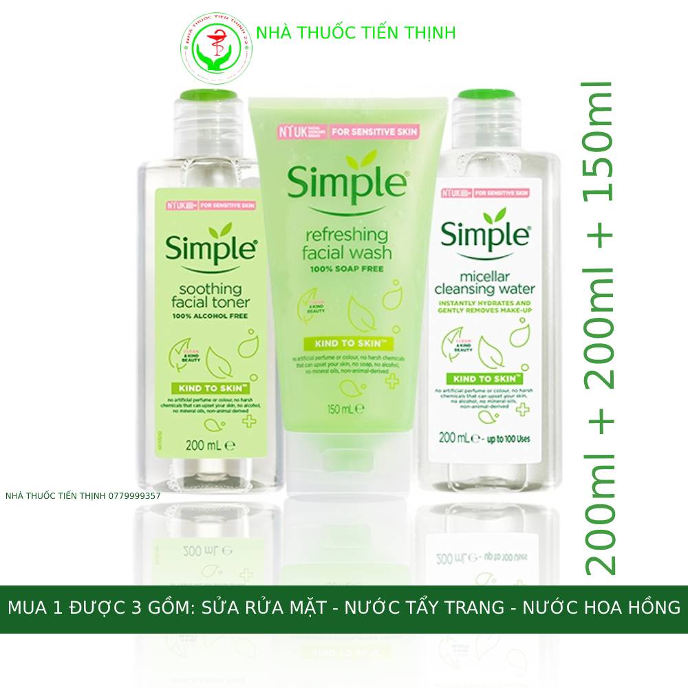 Combo bộ Simple Tẩy trang 200ml, Sữa rửa mặt 150ml, Nước hoa hồng 200ml cho da sạch khỏe đàn hồi chính hãng Anh