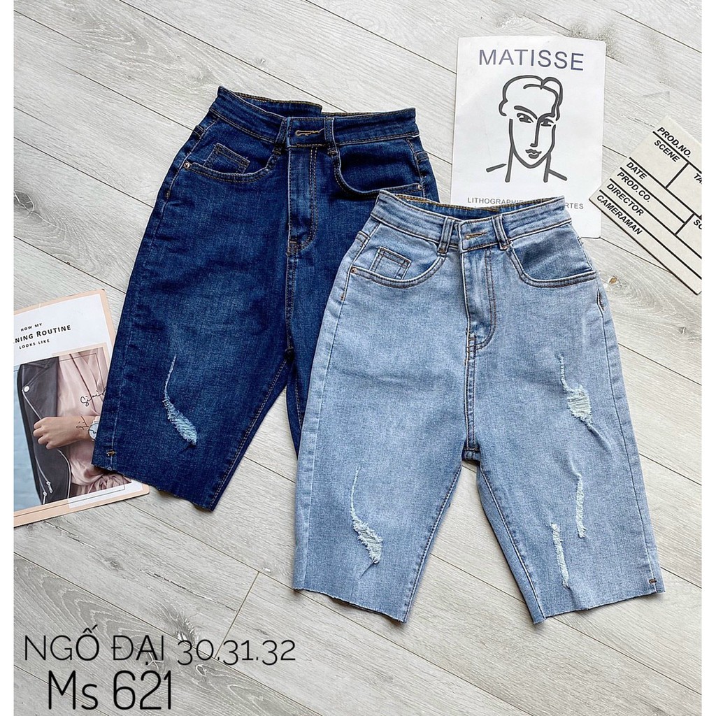 Quần jean lửng gối lưng cao co giãn size đại rách hàng xịn ảnh thật