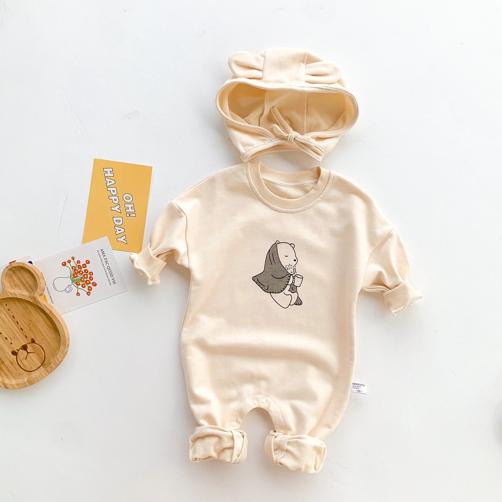 Set áo liền quần vải cotton tay dài hoạ tiết gấu đáng yêu cho bé 0-24 tháng