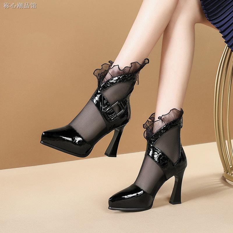 Giày Cao Gót Sandal Nữ Đế Thô Màu Xanh Dương Phối Ren