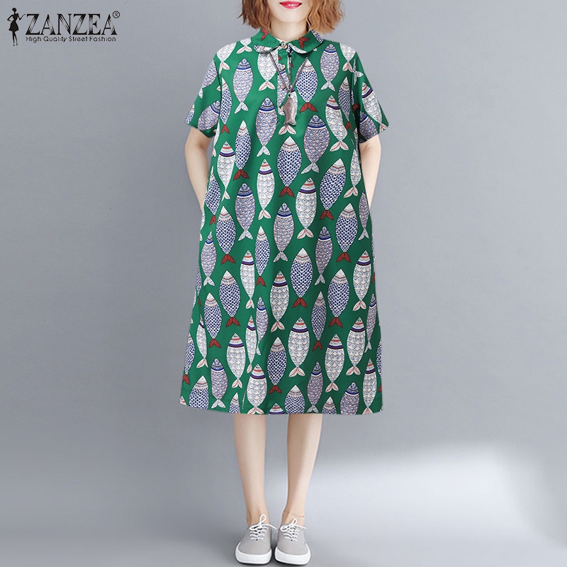 Zanzea Đầm Dài Tay Ngắn Cổ Bẻ In Họa Tiết Động Vật Thời Trang Dành Cho Nữ