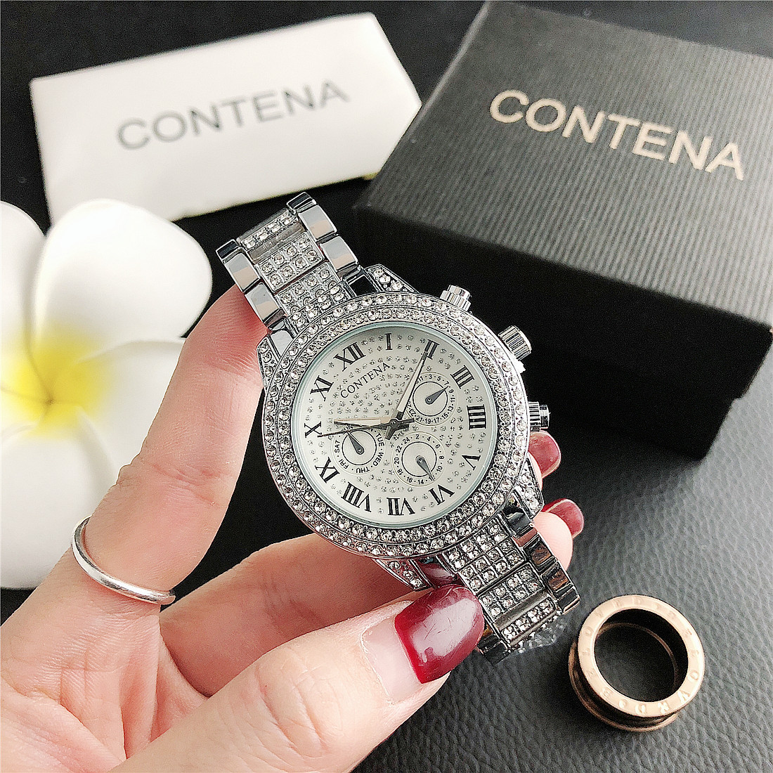 CONTENA Luxury Women's Watches Rhinestone Ladies Stainless Steel Quartz Watch #8119