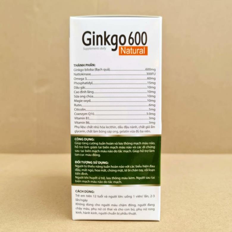 Ginkgo 600 viên uống hoạt huyết dưỡng não hộp 100 viên Giúp hoạt huyết dưỡng não, bền thành mạch
