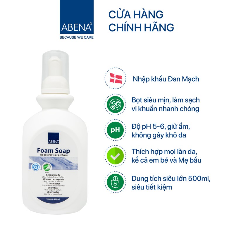 Bọt rửa tay Abena Foam Soap Abena Foam Soap - Nhập khẩu Đan Mạch giúp làm mềm da và diệt khuẩn hiệu quả (Chai 500ml)