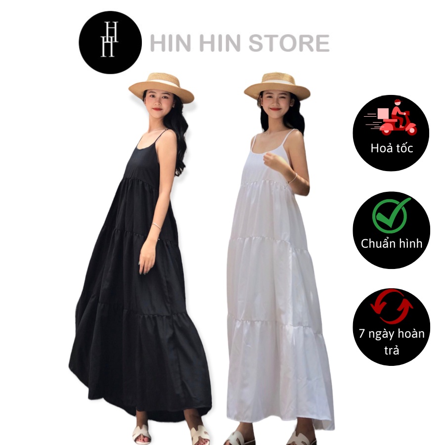 Đầm babydoll hai dây dáng dài màu trắng &amp; đen HDC90 Hỉn Hỉn Store