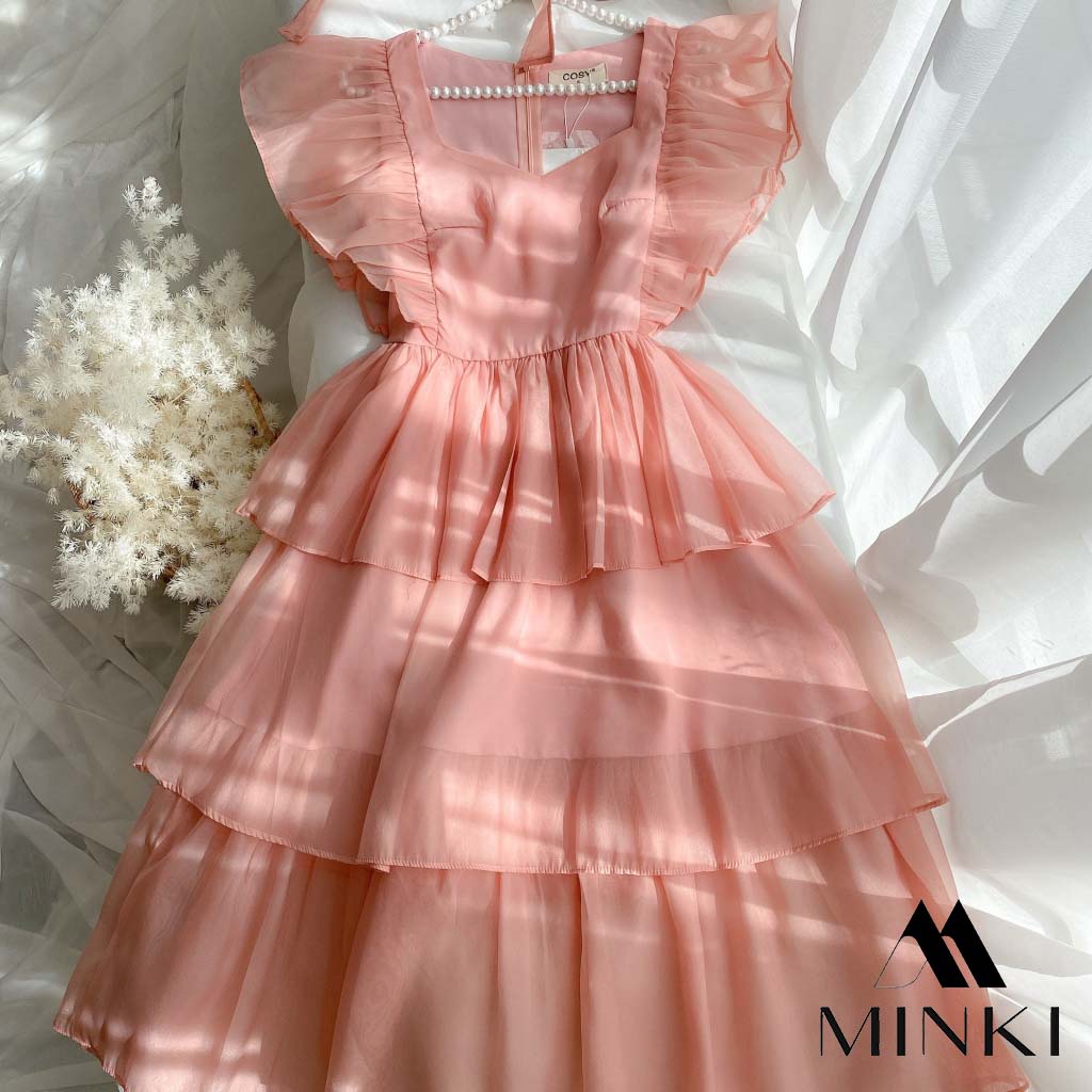 ĐẦM HỒNG XẾP LI VAI 3 TẦNG CỘT VAI - CHẤT LIỆU CAO CẤP - MÀU HỒNG TIỂU THƯ | BigBuy360 - bigbuy360.vn