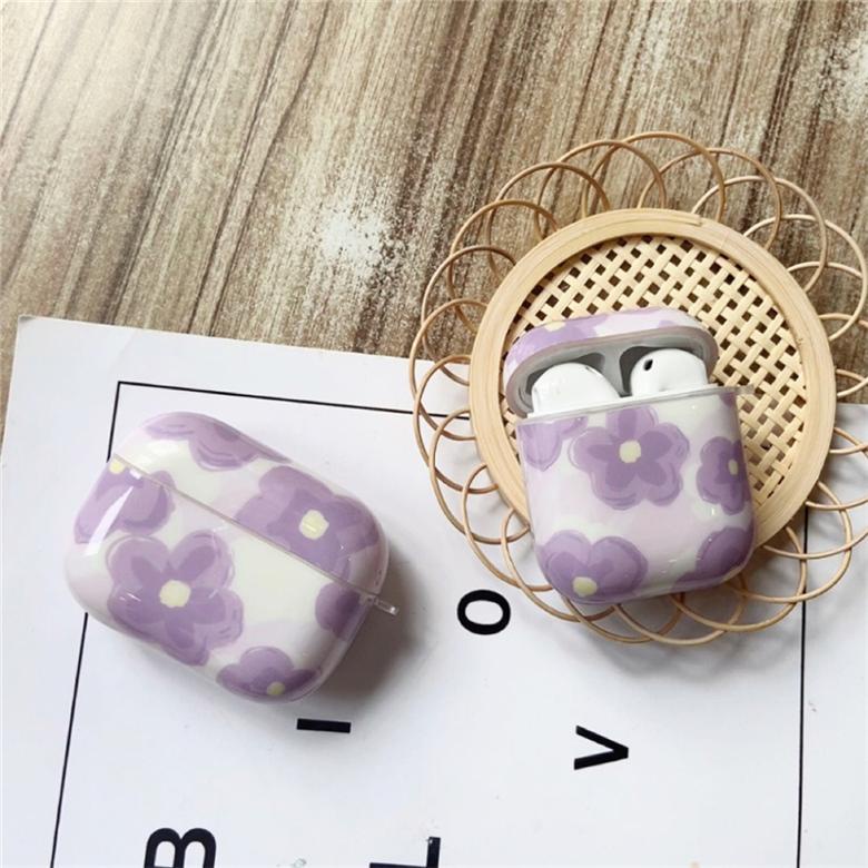 Vỏ cứng bảo vệ hộp sạc tai nghe bluetooth không dây họa tiết hoa tím thích hợp cho Apple 1/2/3