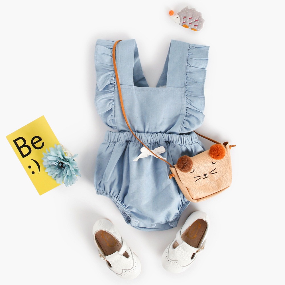 Bộ Áo Liền Quần Bằng Cotton Màu Xanh Dương In Họa Tiết Hoa Xinh Xắn Thời Trang Cho Bé Gái Sơ Sinh 0717