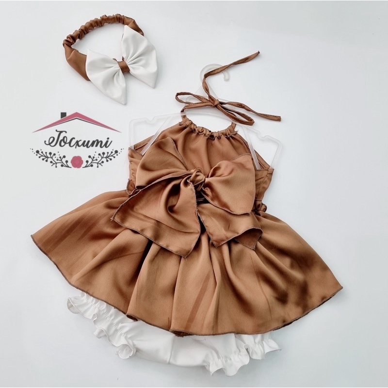 Set bộ yếm lụa nơ lưng nâu tây cao cấp siêu cưng - Tocxumi