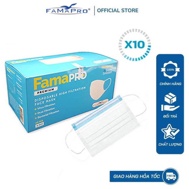 [PREMIUM COMBO 10] Khẩu trang y tế cao cấp 4 lớp kháng khuẩn Famapro Premium (40 cái/hộp)