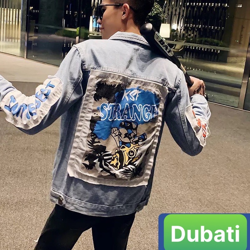 ÁO KHOÁC JEAN NAM CHẤT BÒ XANH  CHỨ STRANGE SIÊU HOT TREND CAO CẤP-DUBATI FASHION