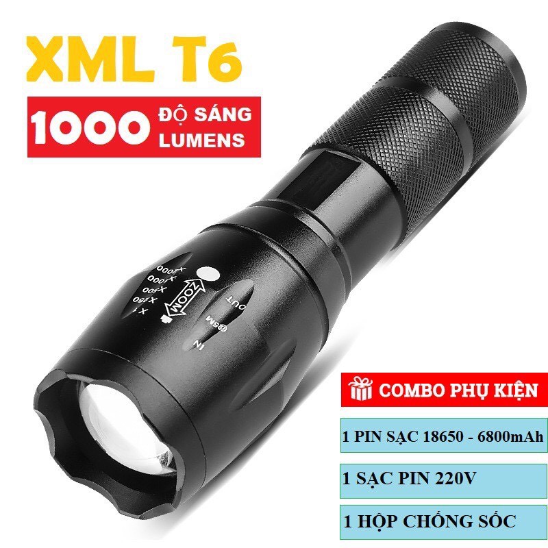 Đèn Pin Siêu Sáng  UltraFire Led Cree XML T6 Cao Cấp Hợp Kim Chống Nước Pin Có Thể Sạc Lại Full box