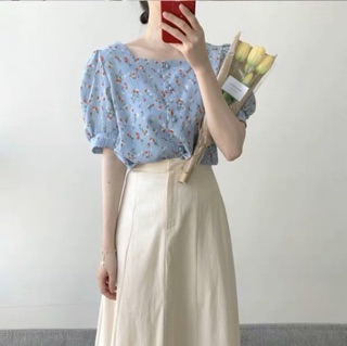 SET SƠ MI HOA XANH PHỐI CHÂN VÁY MIDI