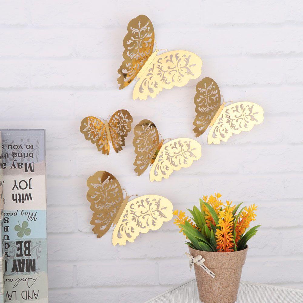 HECCEH Bộ 12 Miếng Dán Hình Bướm 3D Bằng Kim Loại Màu Vàng / Bạc Độc Đáo Trang Trí Tiệc Cưới
