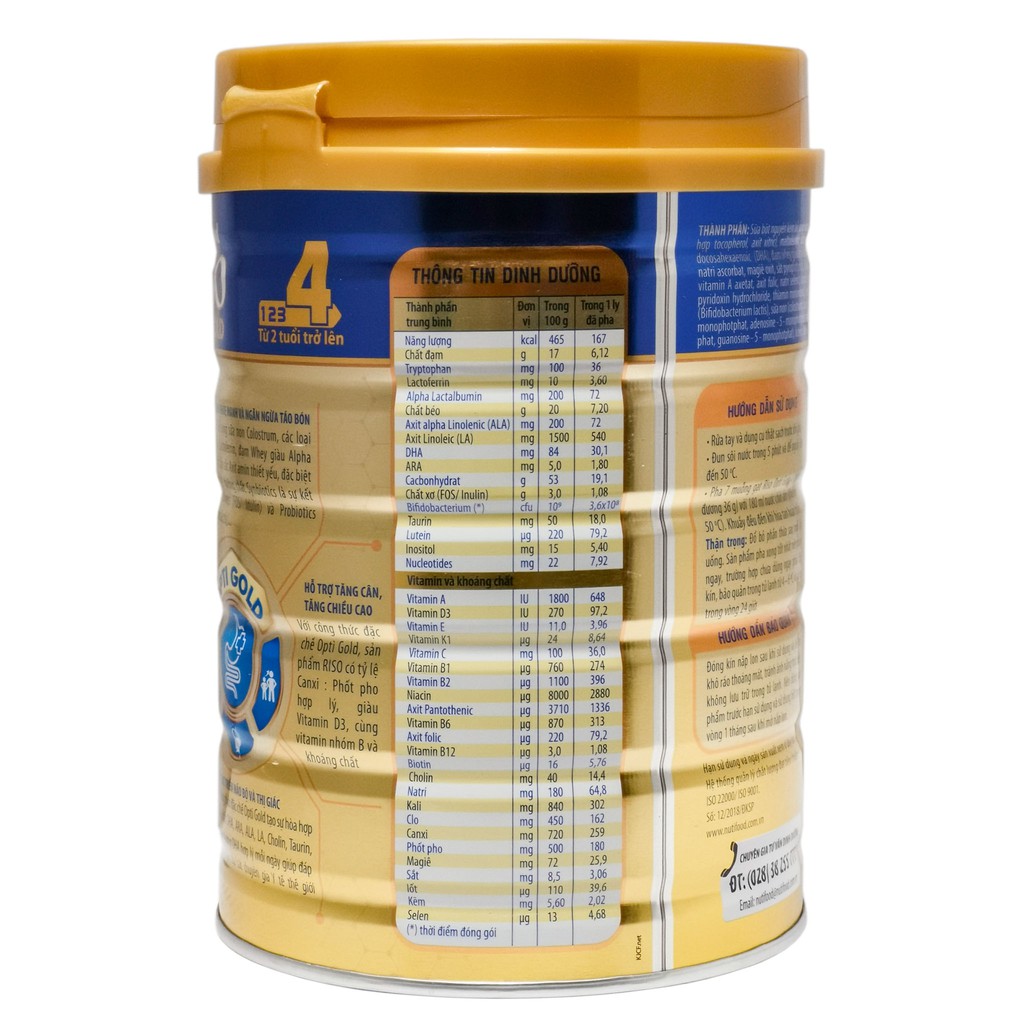 [CHÍNH HÃNG] Sữa Bột Nutifood Riso Opti Gold 4 - Hộp 900g (Dinh dưỡng đặc chế giúp hệ tiêu hóa khỏe mạnh)