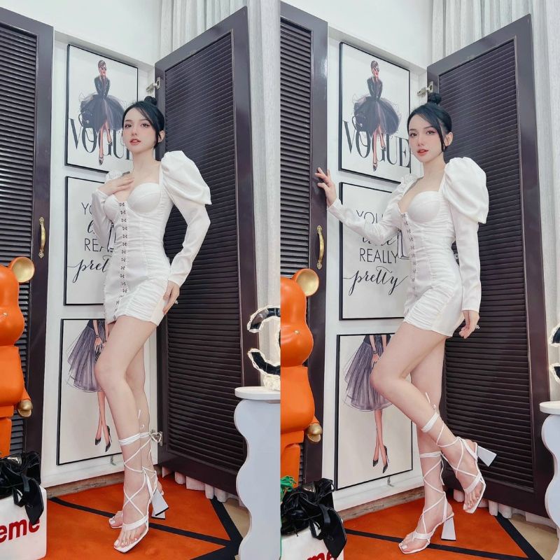 Đầm body cúp ngực tay phồng