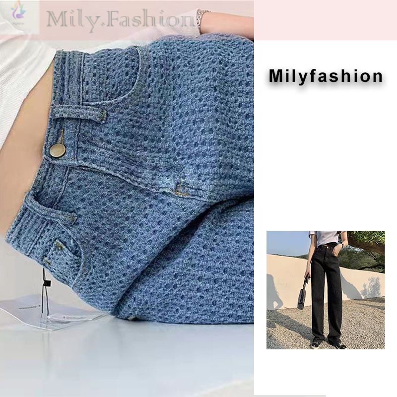 Quần jean ống rộng lưng cao màu xanh nhạt