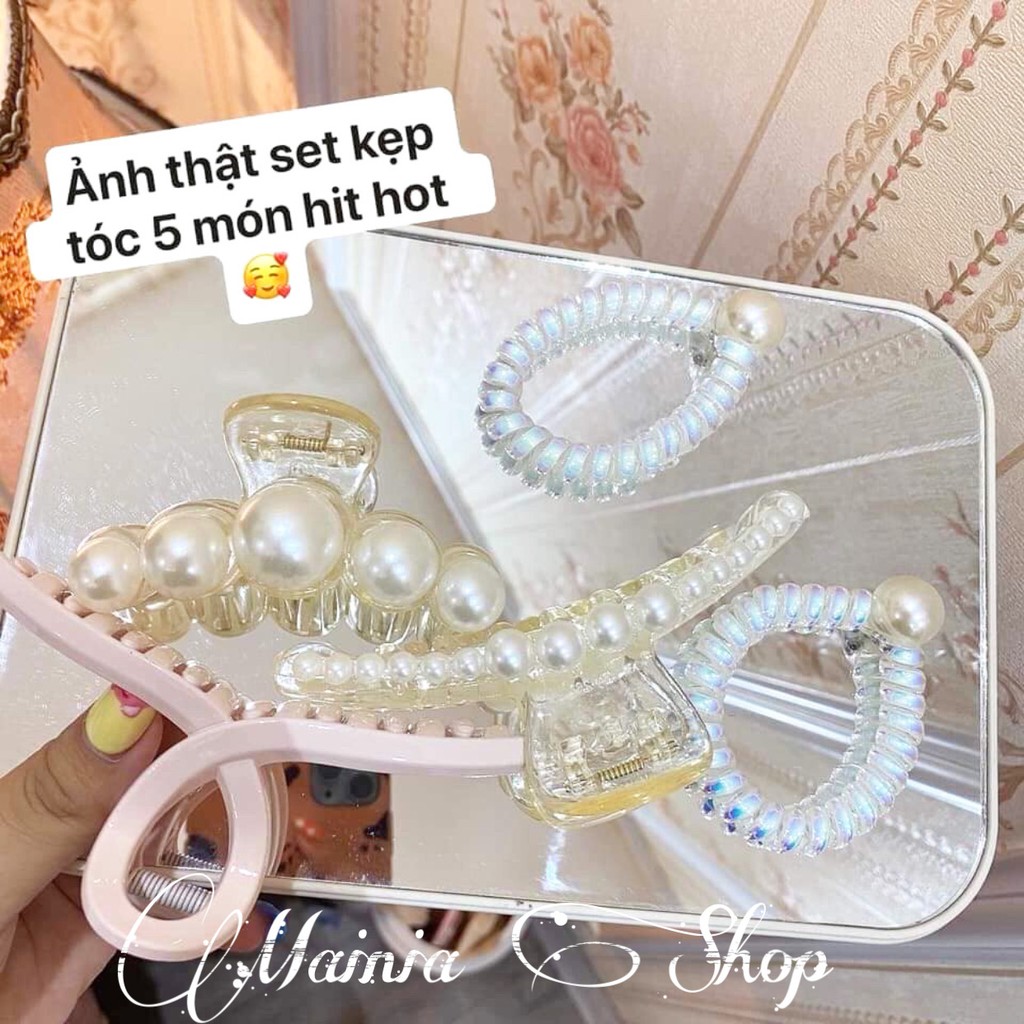 Set Kẹp Tóc Hàn Quốc 5 Chi Tiết Mẫu Mới HOT TREND Đính Ngọc Nhân Tạo Mainia Shop