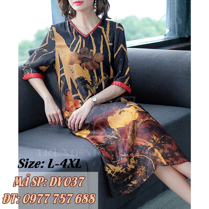 Đầm suông Thu mẫu đơn trung niên sang trọng giấu bụng size lớn 4xl u50 u60 DV037