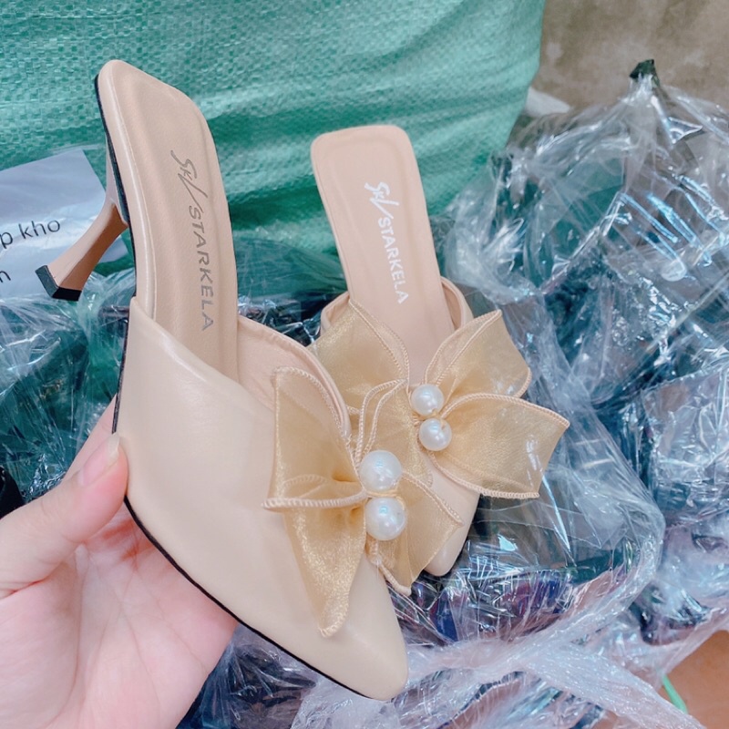 [Kho bán sỉ giày nữ] Guốc sục cao gót nơ ren gót nhọn 7p sang xịn